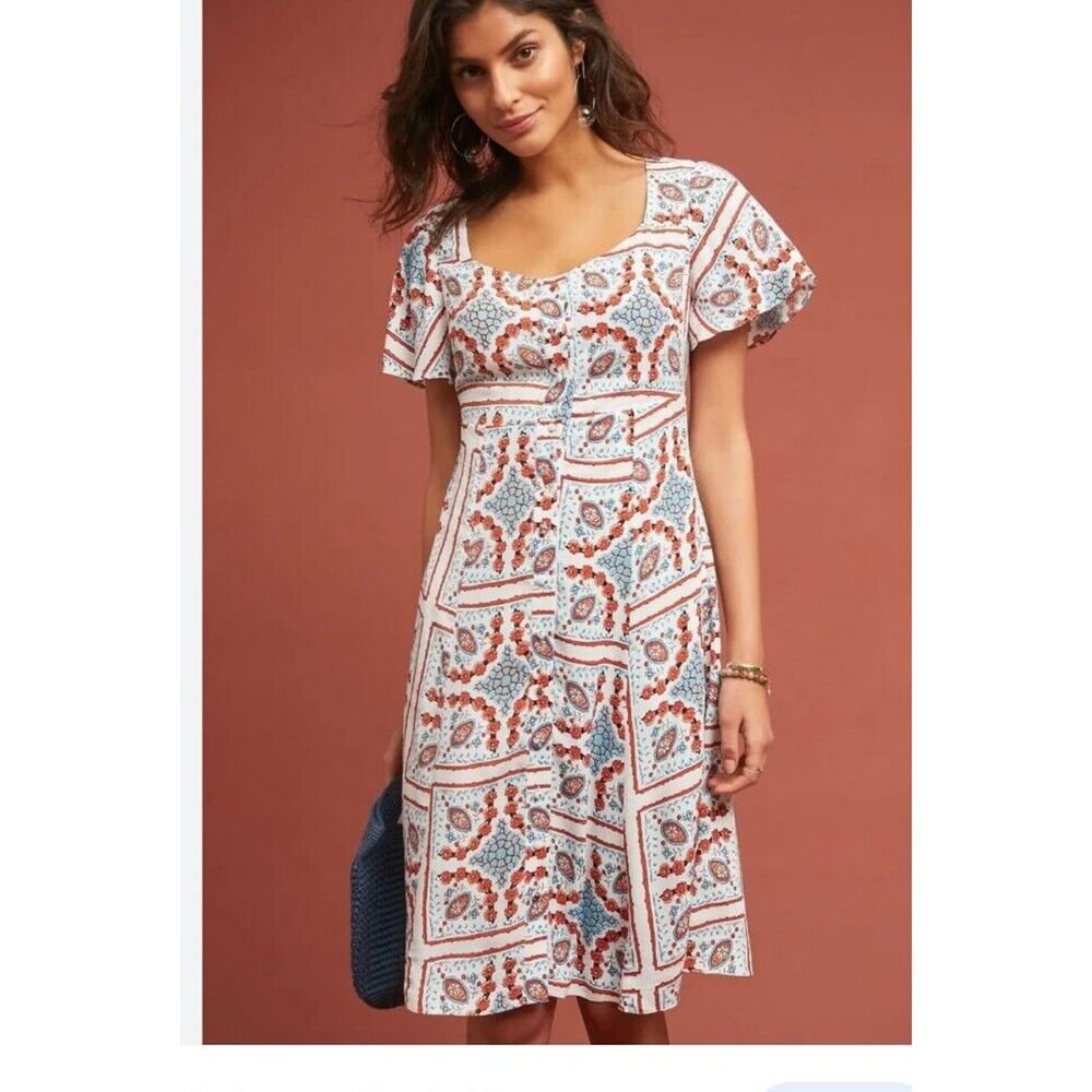 Anthropologie Maeve Dress Womens 2 White Red Blue Praslin Floral Button Up Midi‎